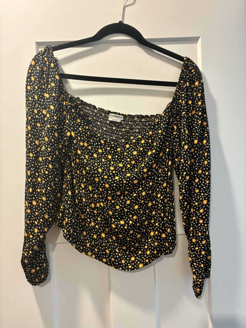 Reformation Black Long-Sleeve Smocked Neck Top with Yellow Floral Print
